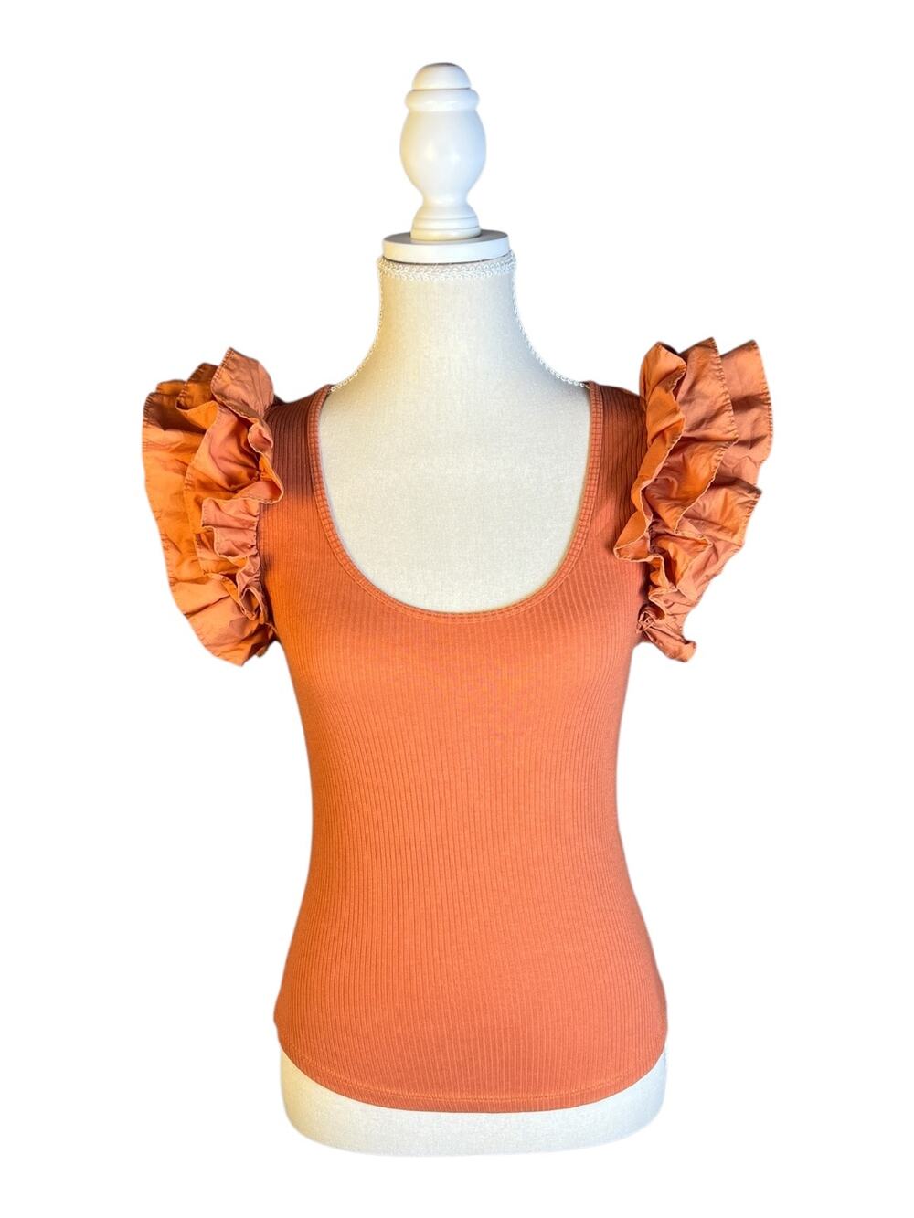 Ulla Johnson ruffle sleeve ribbed short sleeve top P Rust